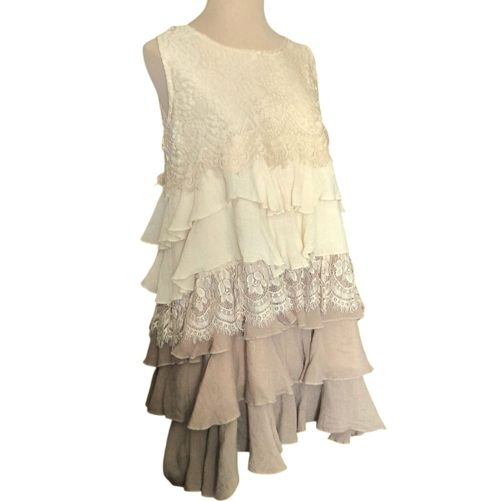 Angel Heart Boutique Layered Ruffle Cottagecore Tunic Top in Cream and Taupe